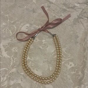 Elegant Pearl Necklace with Pink Ribbon